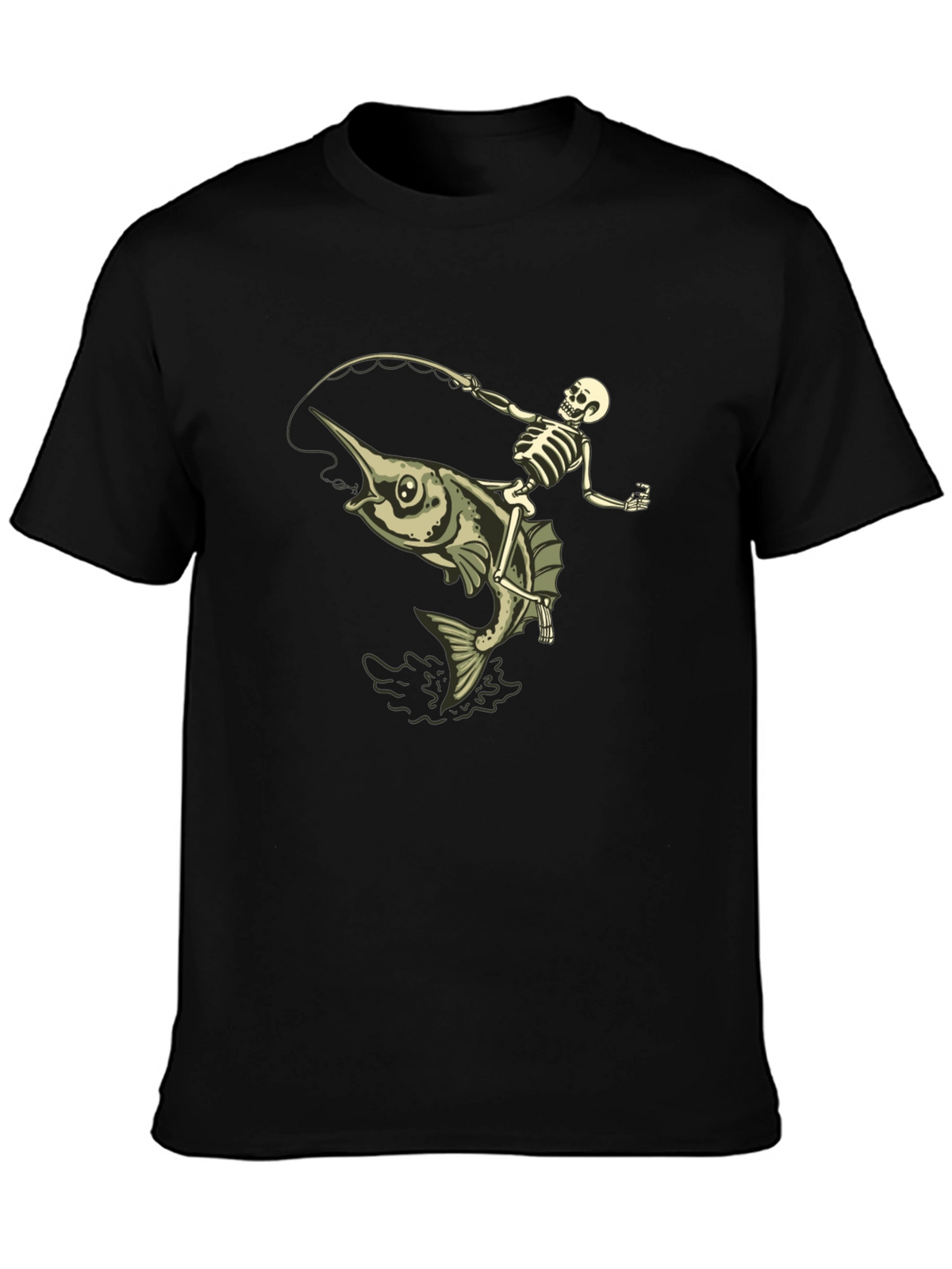 Skeleton Fishing Marlin T-Shirt - Black Cotton