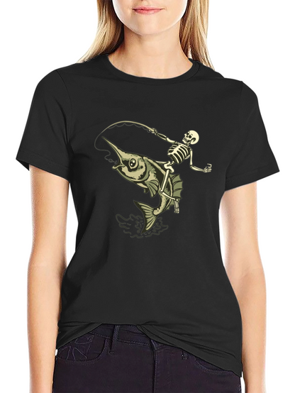 Skeleton Fishing Marlin T-Shirt - Black Cotton