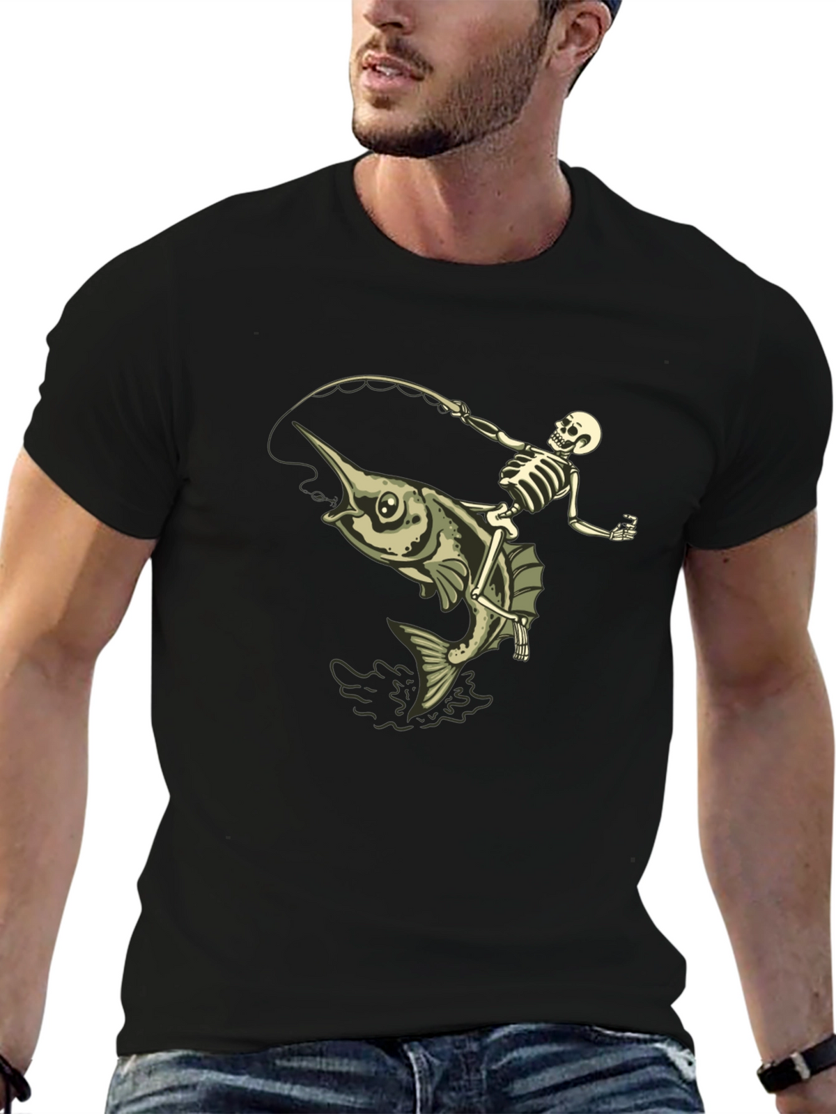 Skeleton Fishing Marlin T-Shirt - Black Cotton