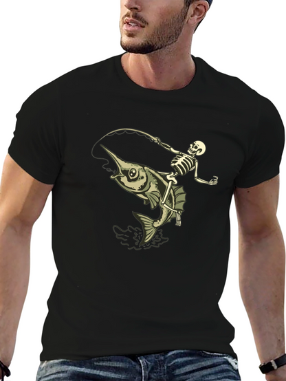 Skeleton Fishing Marlin T-Shirt - Black Cotton