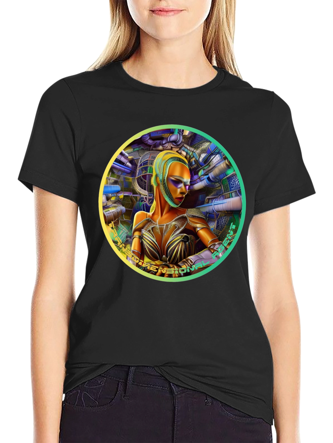 Futuristic Woman Graphic Tee - Dimensional Art Shirt