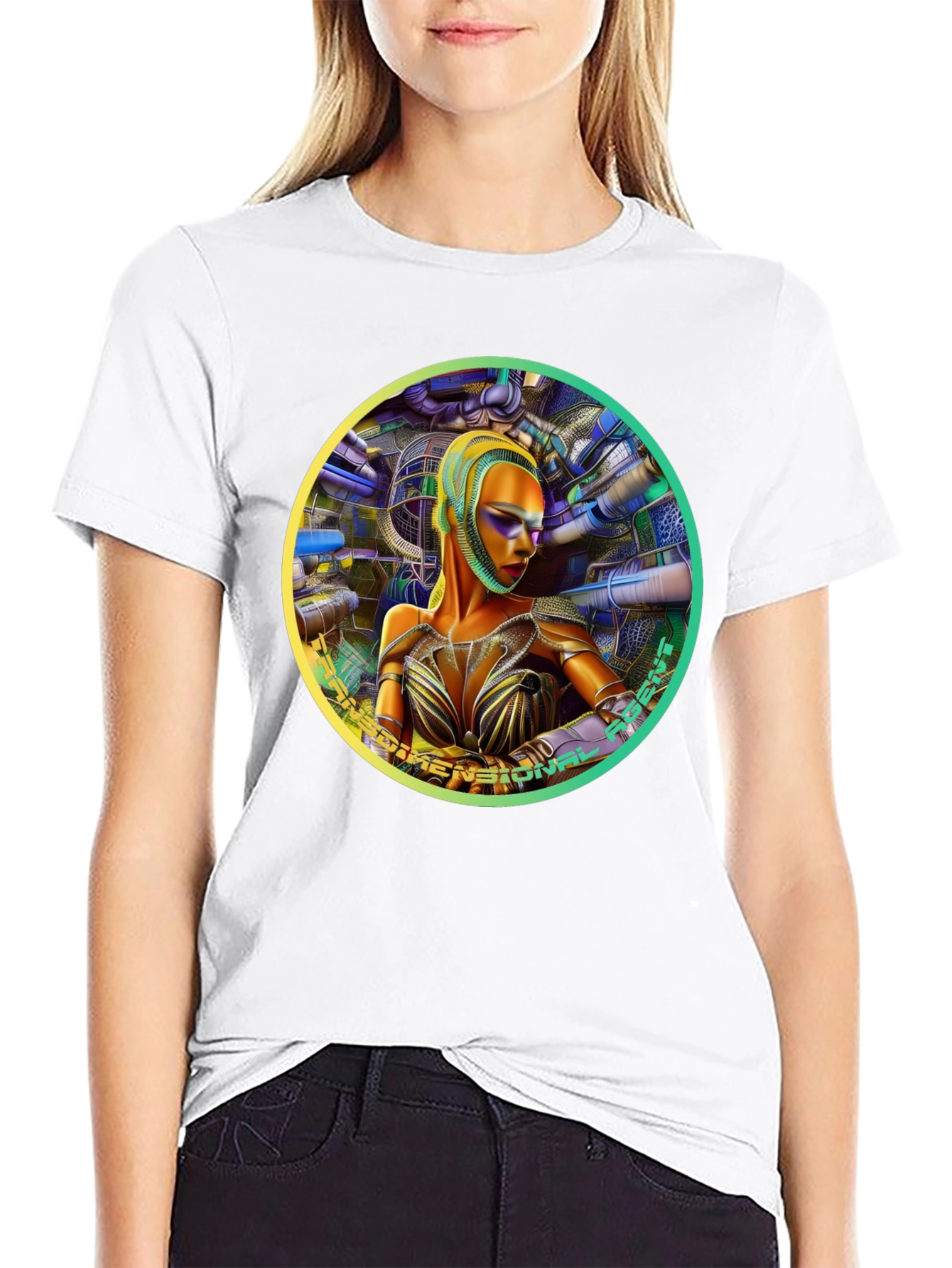 Futuristic Woman Graphic Tee - Dimensional Art Shirt