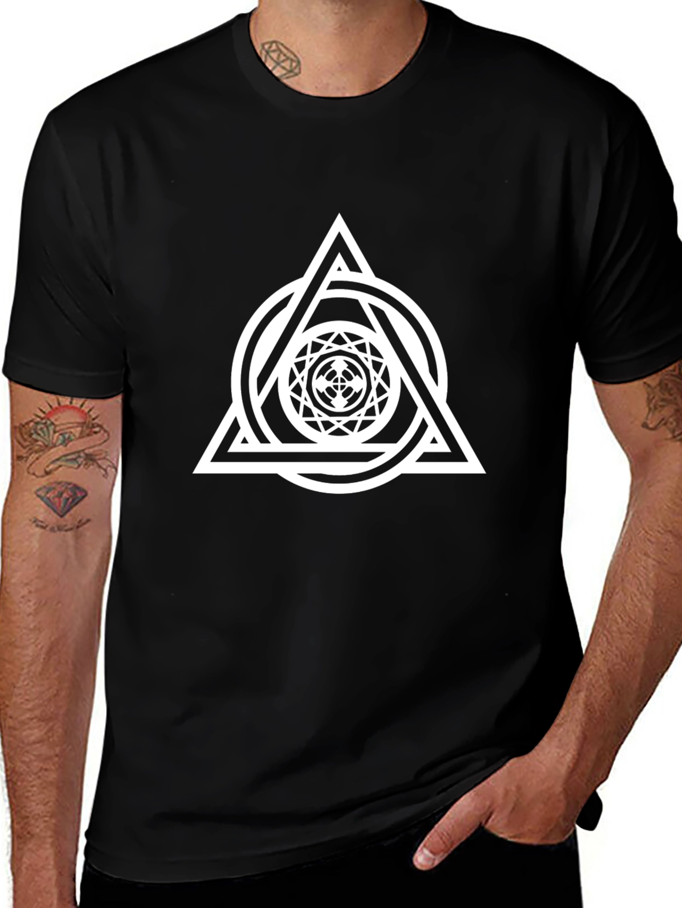 Geometric Triangle Circle Graphic Tee - Black