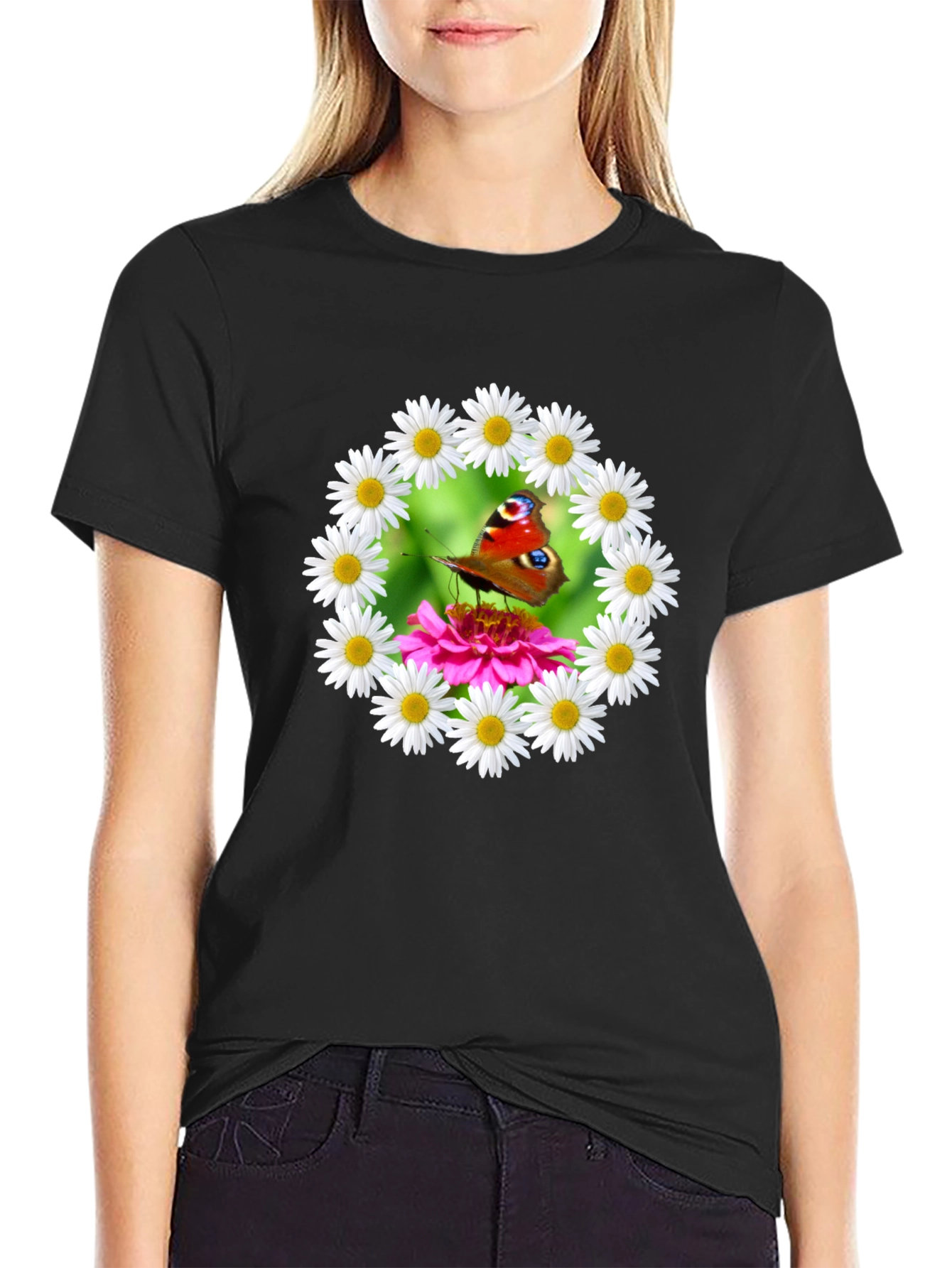 Butterfly & Daisy Wreath Graphic T-Shirt