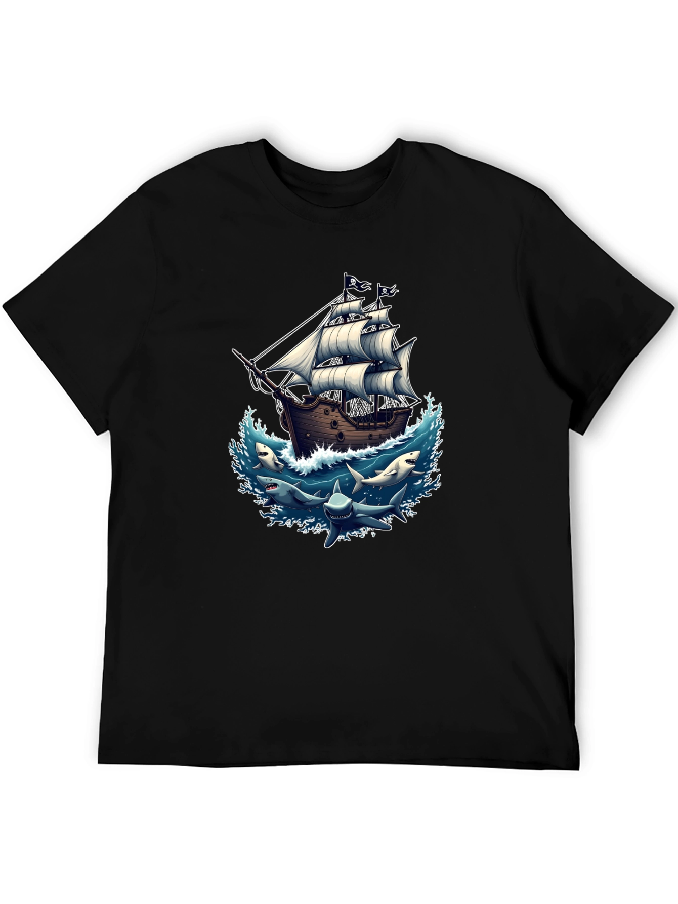 Pirate Ship & Sharks Graphic Black T-Shirt