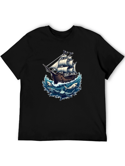 Pirate Ship & Sharks Graphic Black T-Shirt