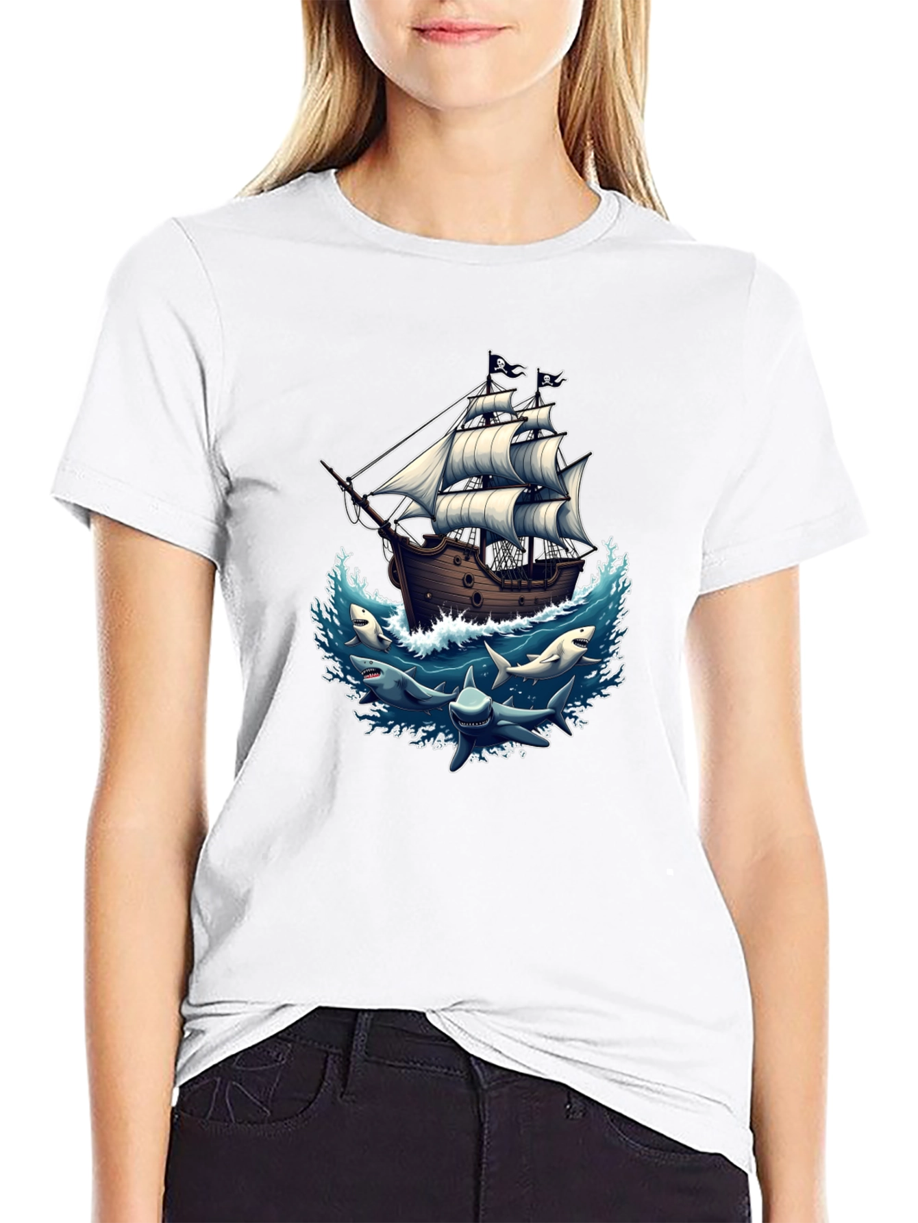 Pirate Ship & Sharks Graphic Black T-Shirt