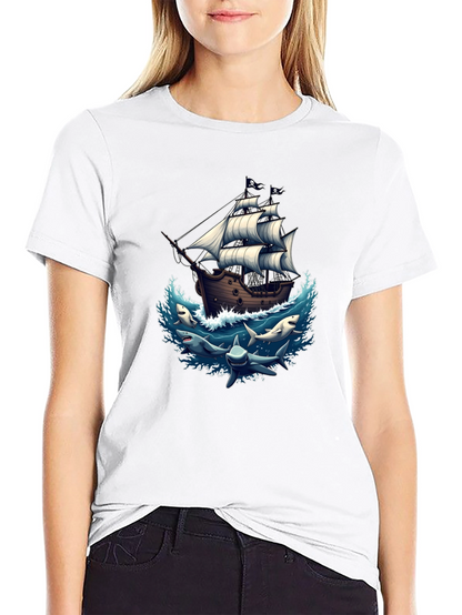 Pirate Ship & Sharks Graphic Black T-Shirt