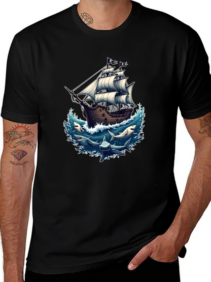 Pirate Ship & Sharks Graphic Black T-Shirt