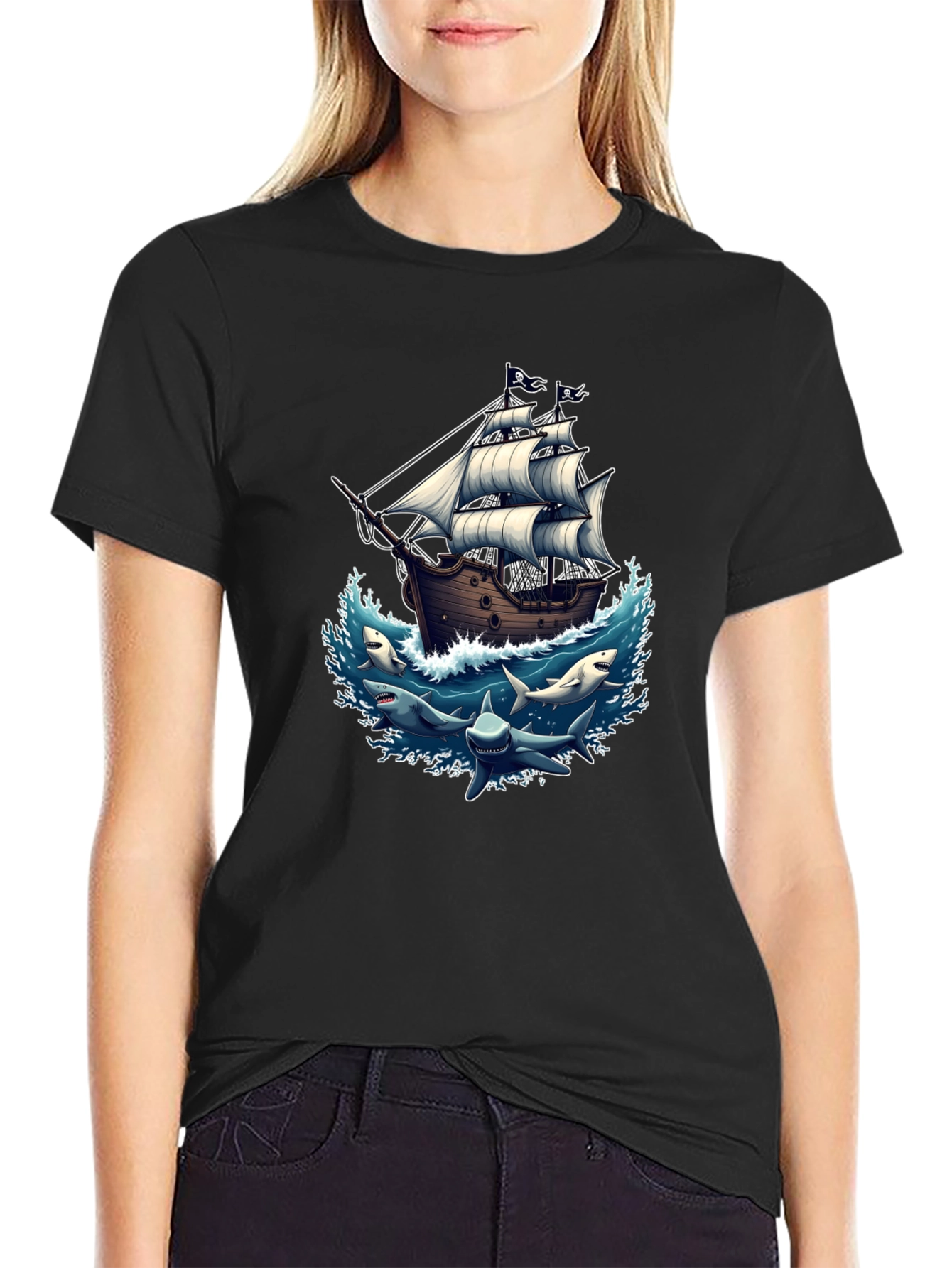 Pirate Ship & Sharks Graphic Black T-Shirt