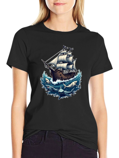 Pirate Ship & Sharks Graphic Black T-Shirt
