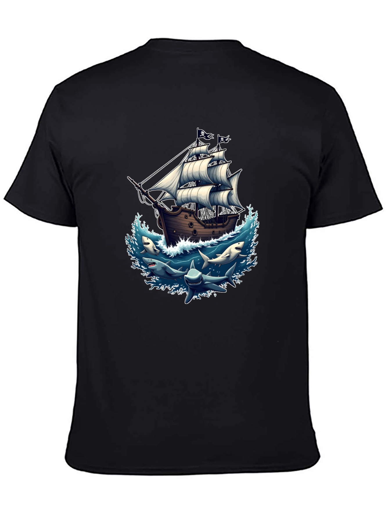 Pirate Ship & Sharks Graphic Black T-Shirt