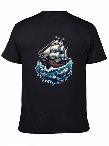 Pirate Ship & Sharks Graphic Black T-Shirt