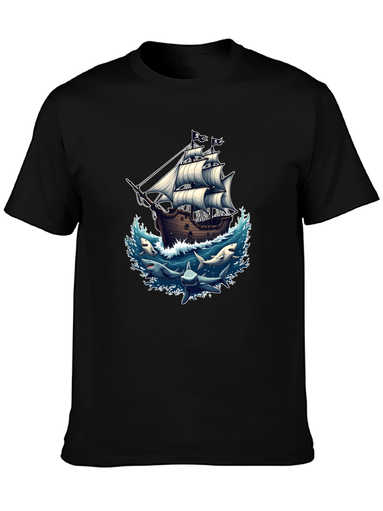 Pirate Ship & Sharks Graphic Black T-Shirt