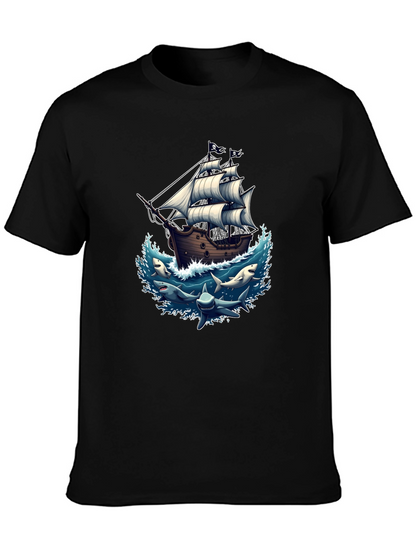 Pirate Ship & Sharks Graphic Black T-Shirt