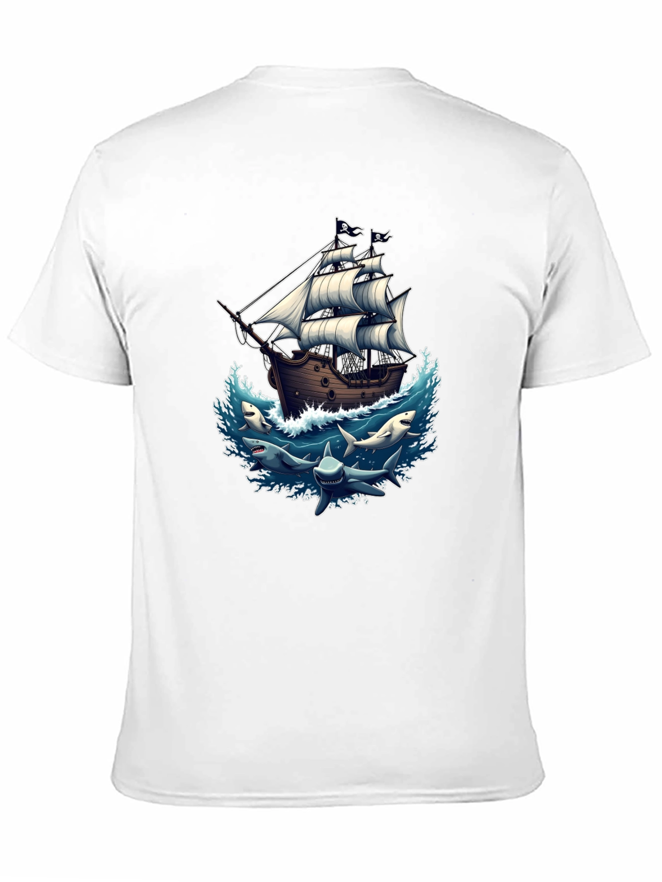 Pirate Ship & Sharks Graphic Black T-Shirt