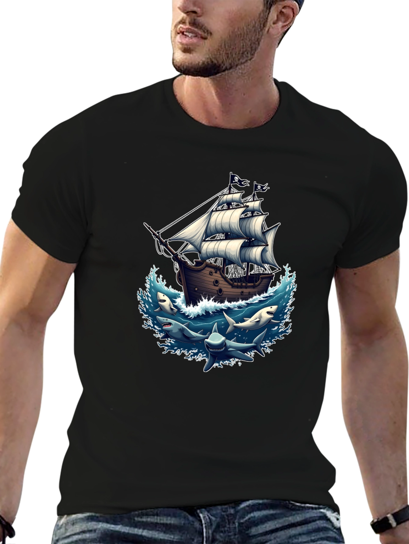 Pirate Ship & Sharks Graphic Black T-Shirt