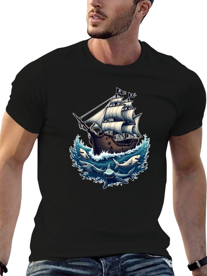 Pirate Ship & Sharks Graphic Black T-Shirt