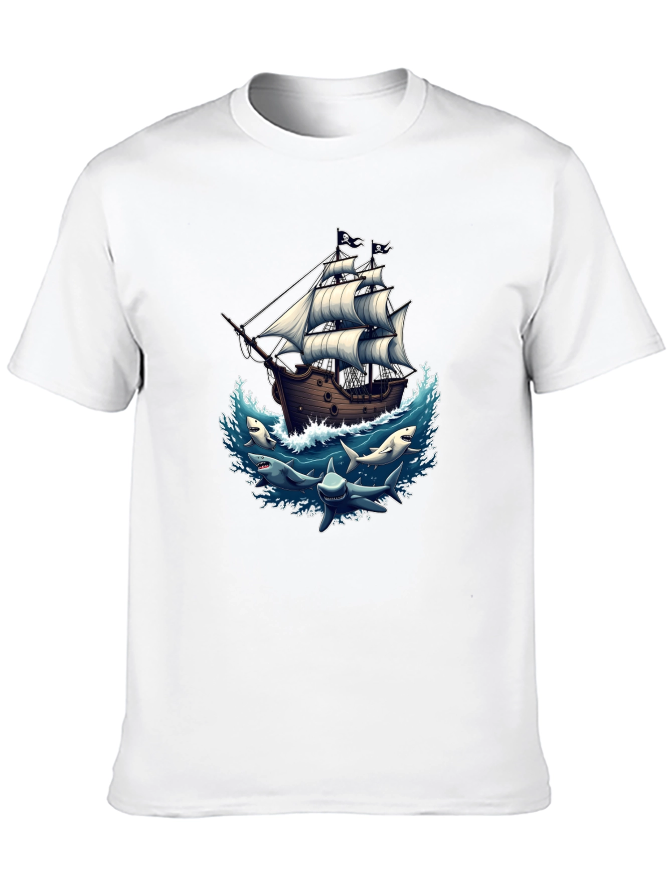 Pirate Ship & Sharks Graphic Black T-Shirt
