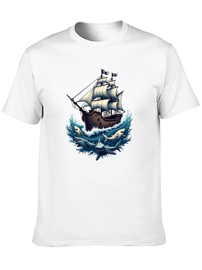 Pirate Ship & Sharks Graphic Black T-Shirt