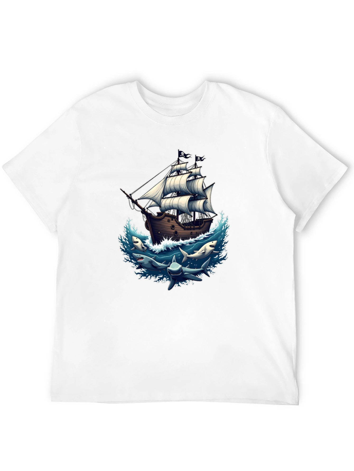 Pirate Ship & Sharks Graphic Black T-Shirt