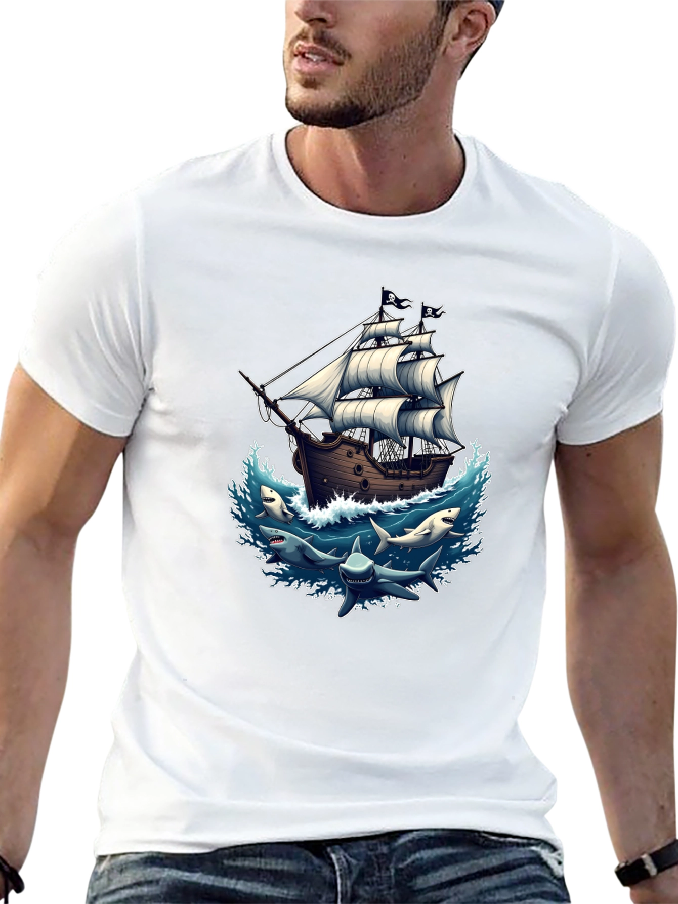 Pirate Ship & Sharks Graphic Black T-Shirt
