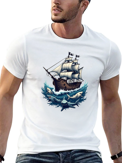 Pirate Ship & Sharks Graphic Black T-Shirt