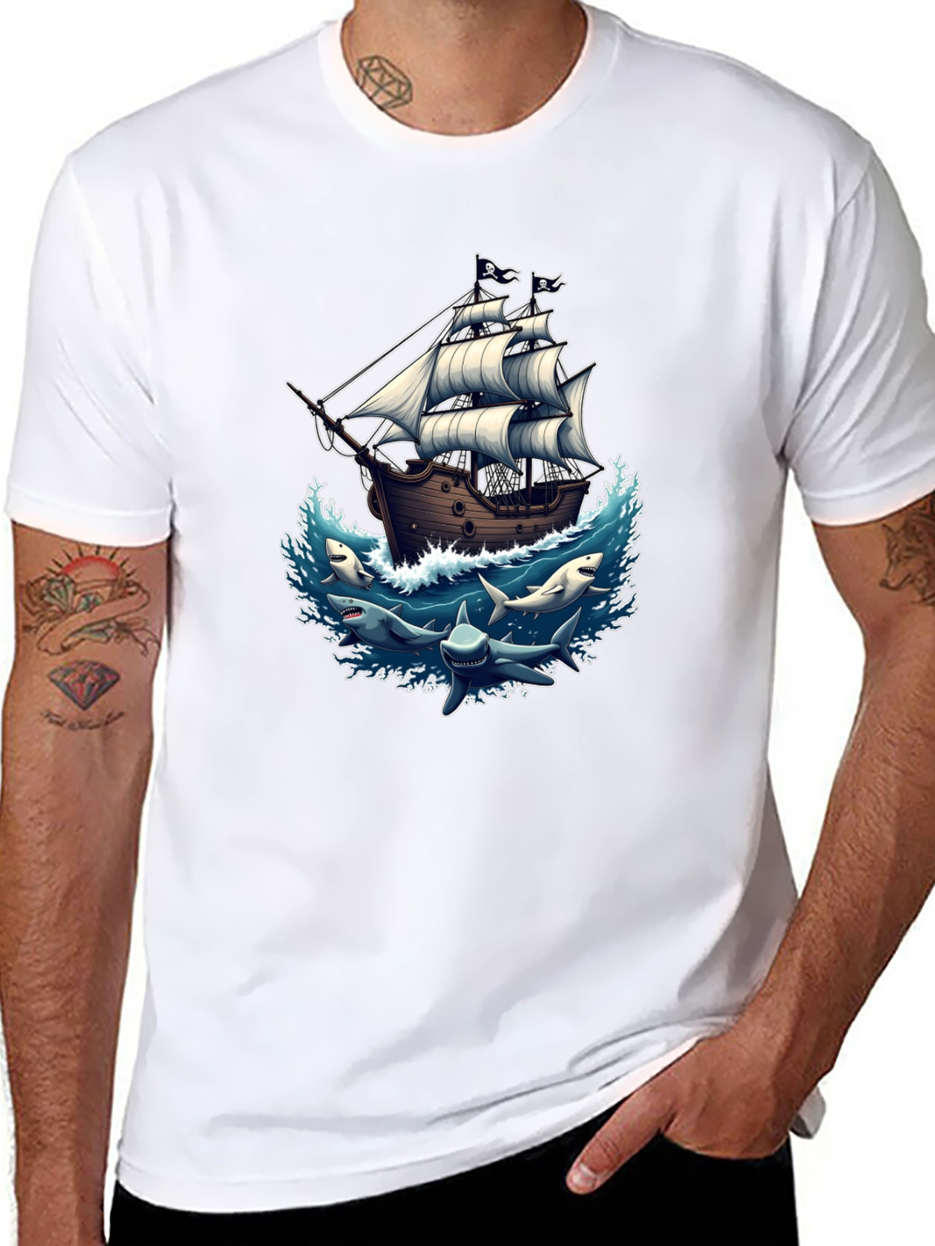 Pirate Ship & Sharks Graphic Black T-Shirt