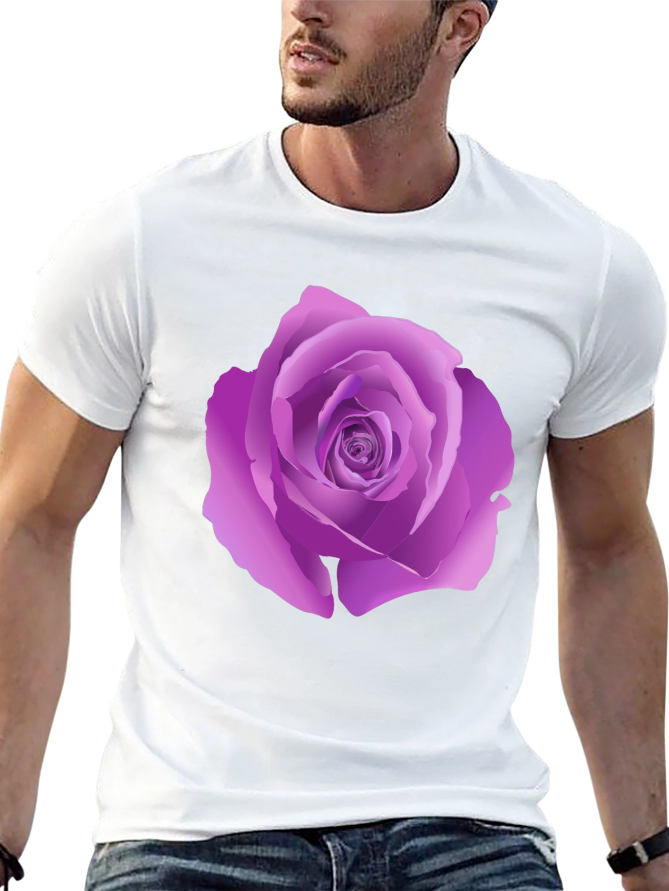 Black T-Shirt with Purple Rose Design