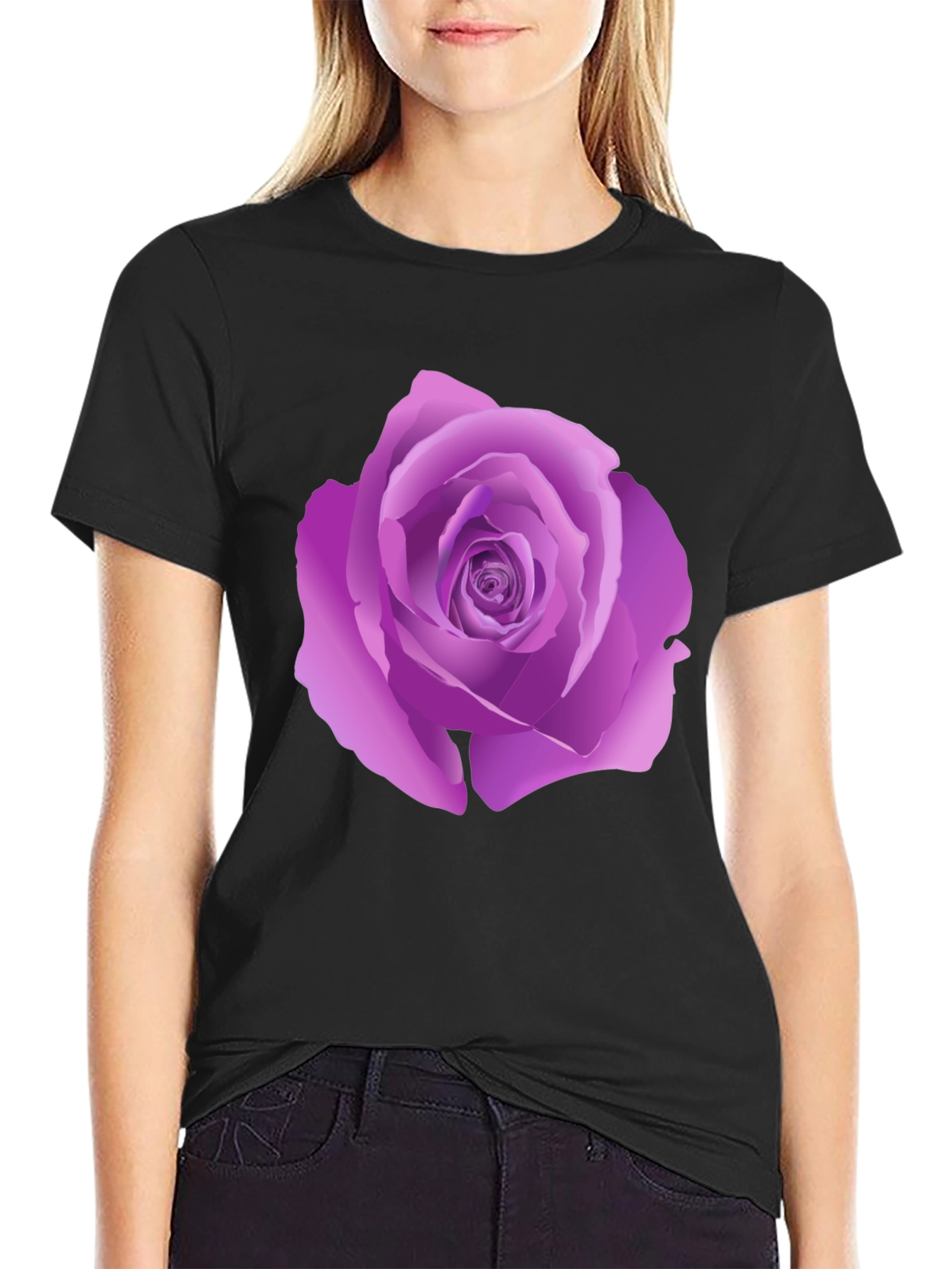 Black T-Shirt with Purple Rose Design