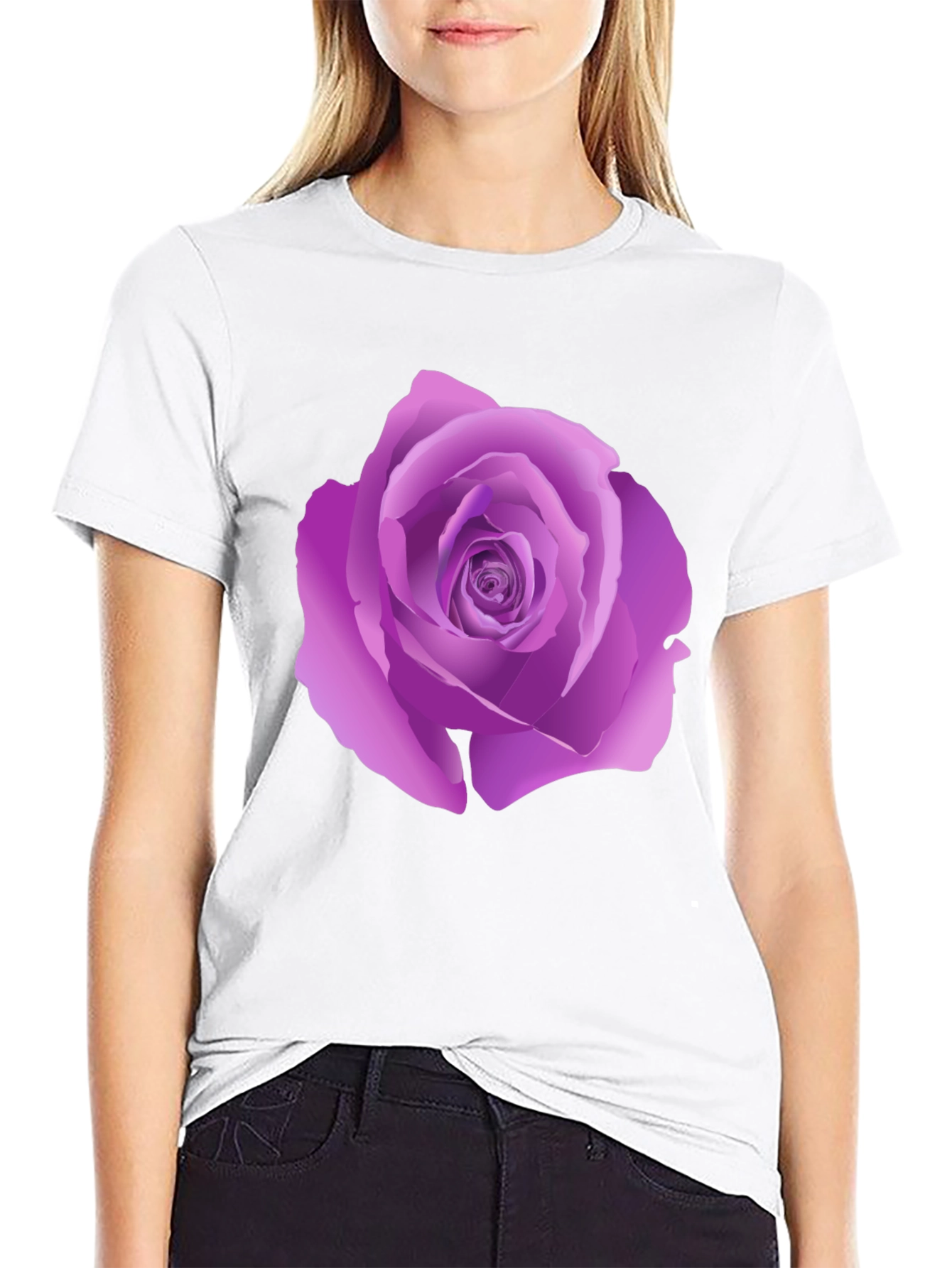 Black T-Shirt with Purple Rose Design