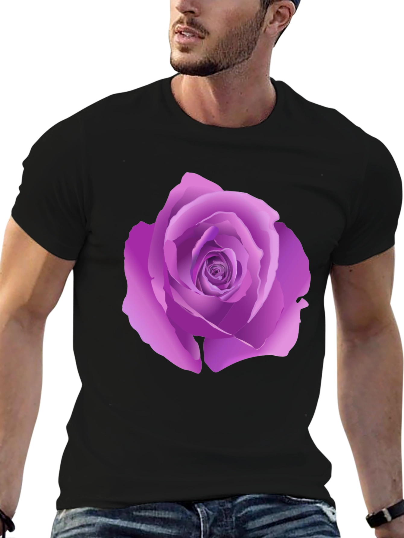 Black T-Shirt with Purple Rose Design
