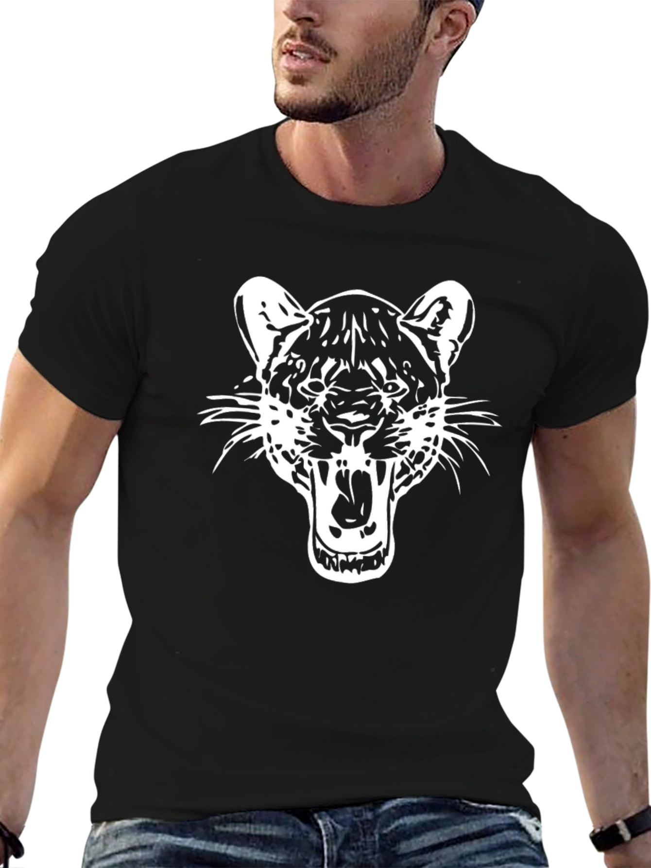 Black T-Shirt with White Roaring Cat Graphic