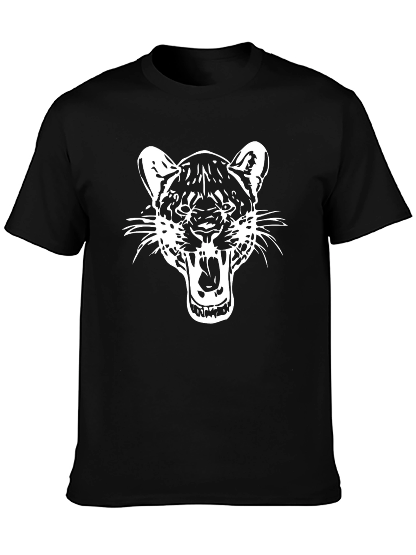 Black T-Shirt with White Roaring Cat Graphic