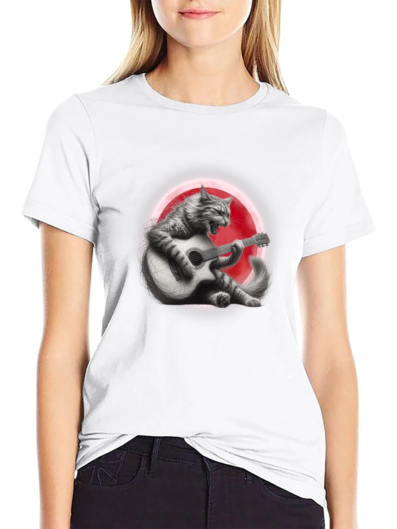 Cat Guitarist Graphic T-Shirt - Black