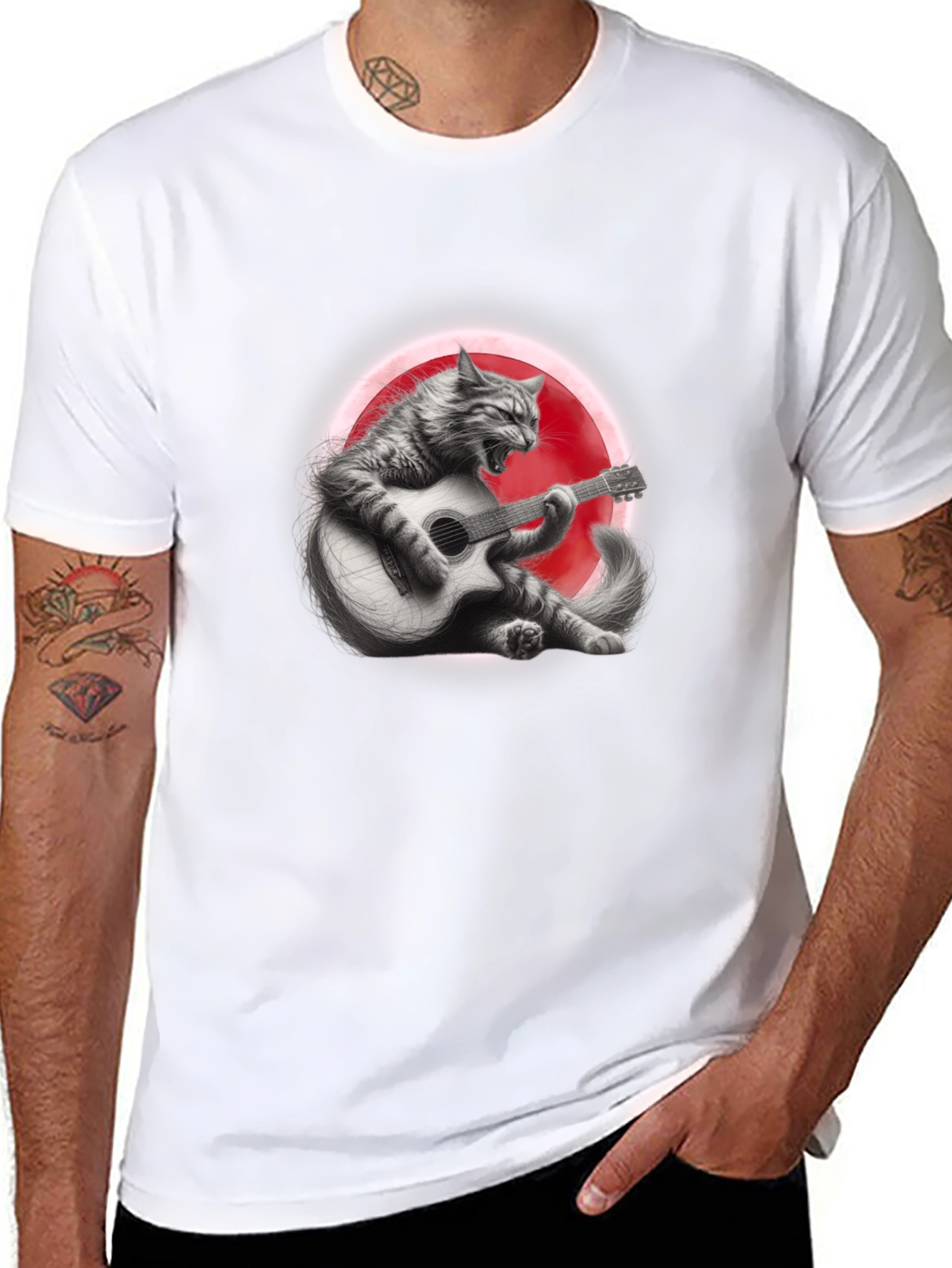 Cat Guitarist Graphic T-Shirt - Black