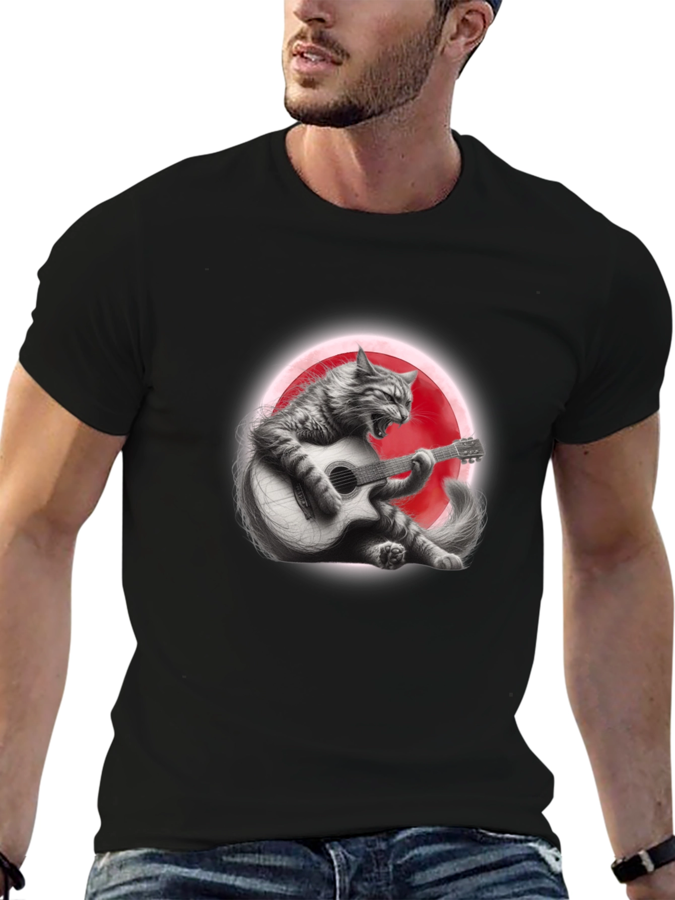 Cat Guitarist Graphic T-Shirt - Black