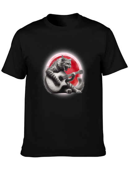 Cat Guitarist Graphic T-Shirt - Black