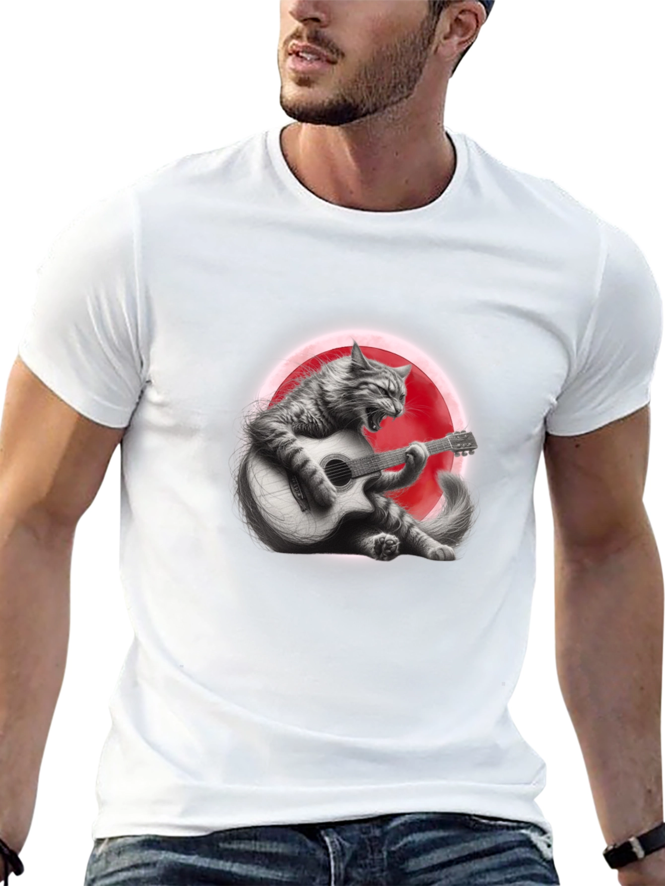 Cat Guitarist Graphic T-Shirt - Black