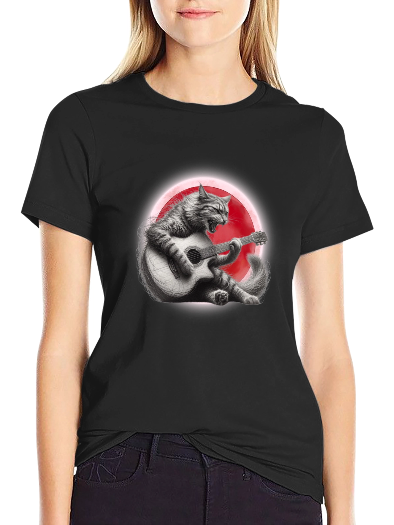 Cat Guitarist Graphic T-Shirt - Black