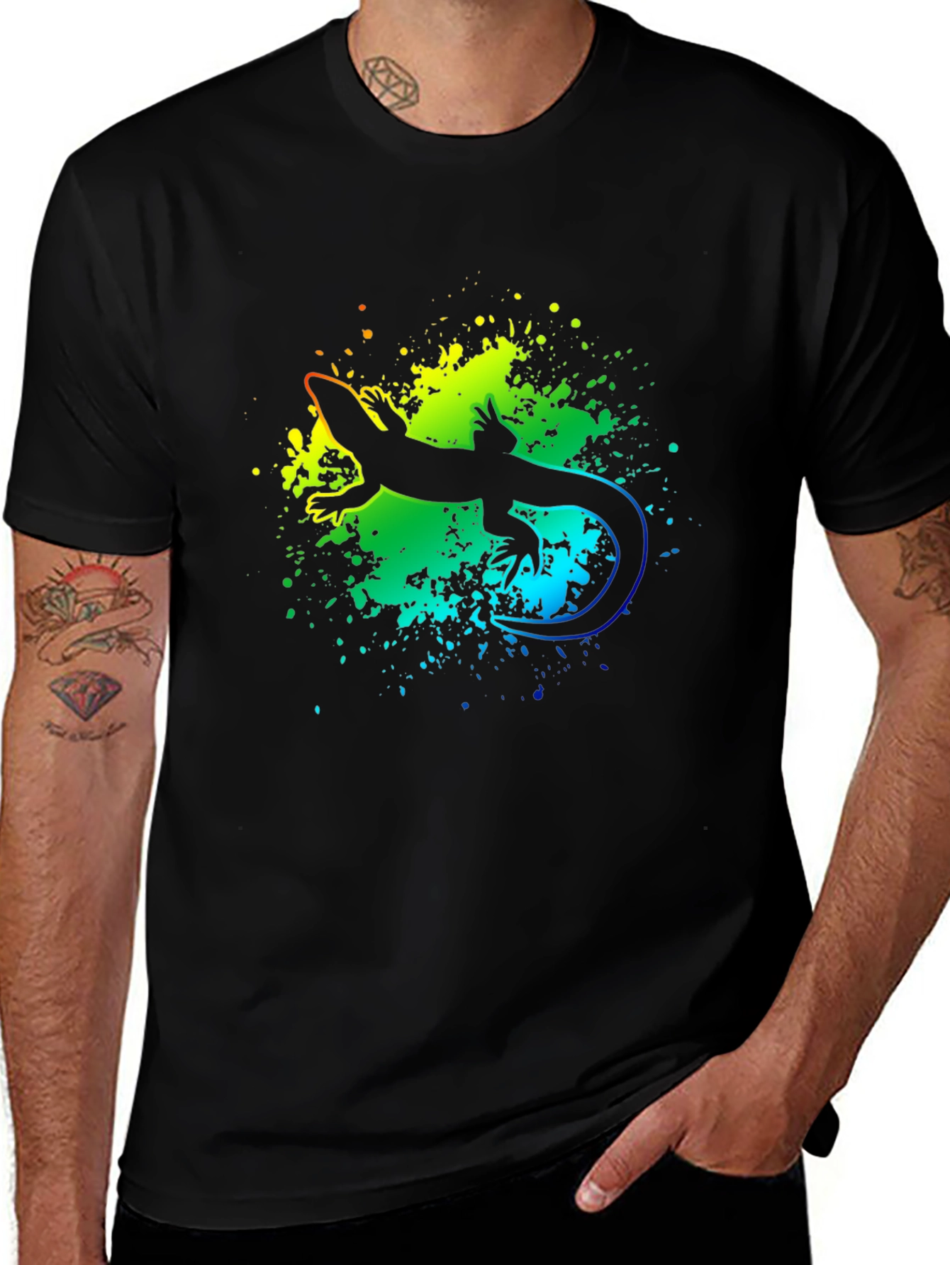 Vibrant Lizard Graphic Tee - Black Cotton