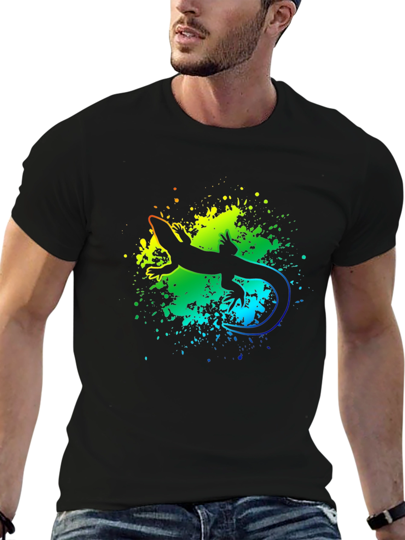 Vibrant Lizard Graphic Tee - Black Cotton