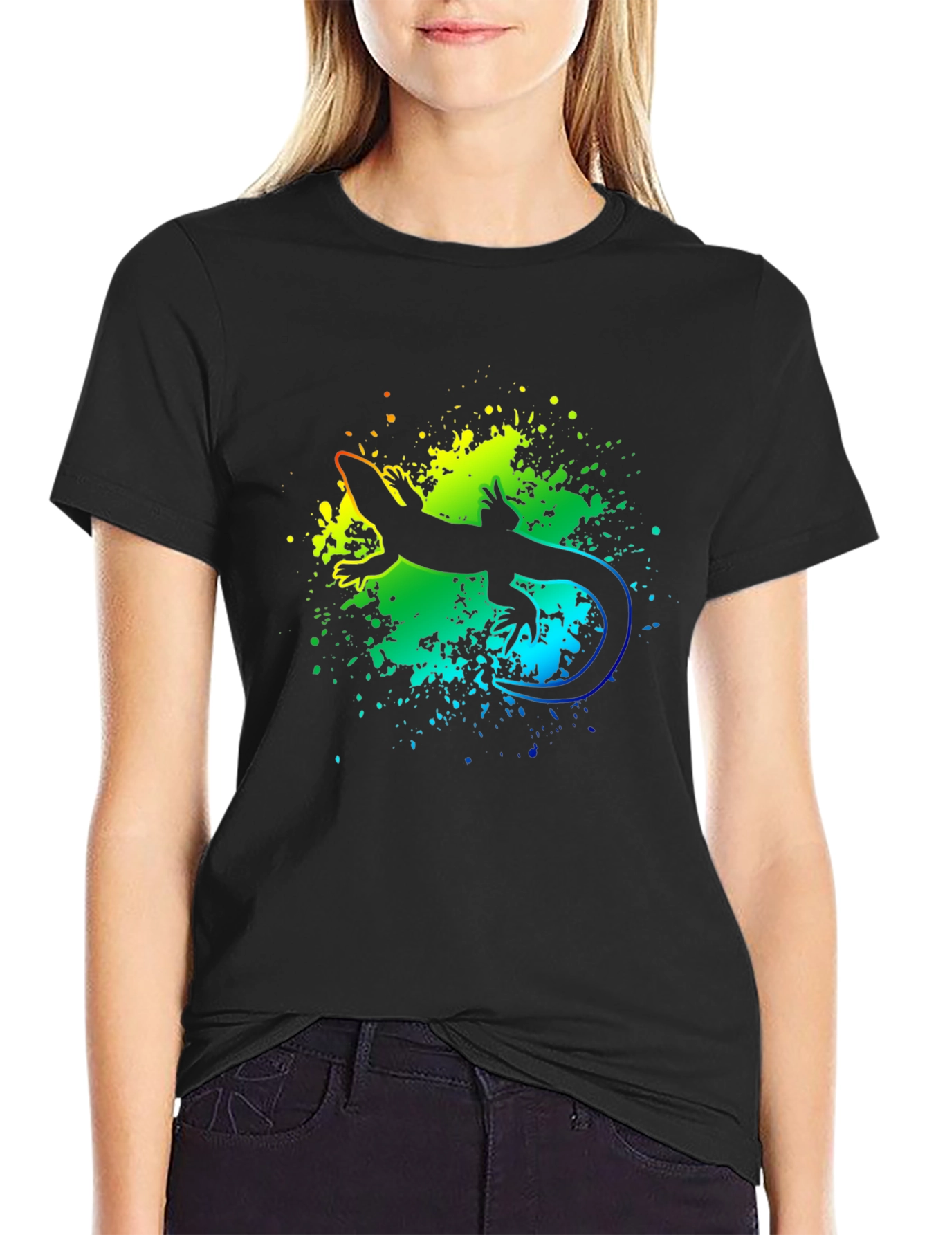 Vibrant Lizard Graphic Tee - Black Cotton
