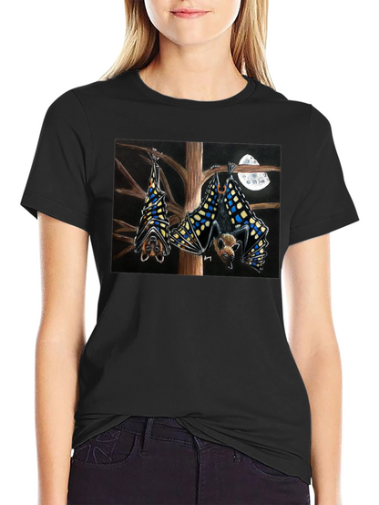 Bats & Moon Graphic Tee - Black Cotton T-Shirt