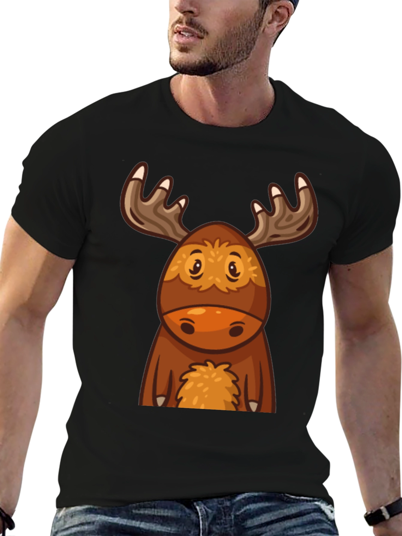 Cute Cartoon Moose Black T-Shirt