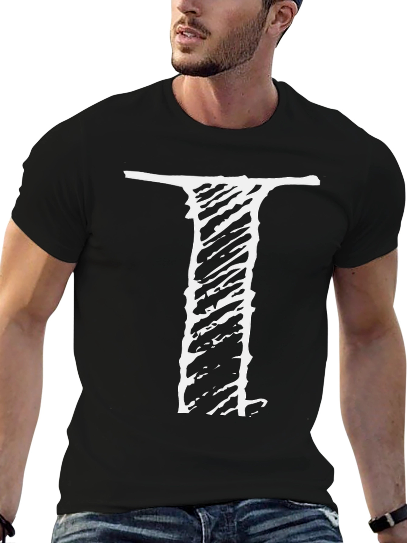 Mens Black Tee with Distressed I Design