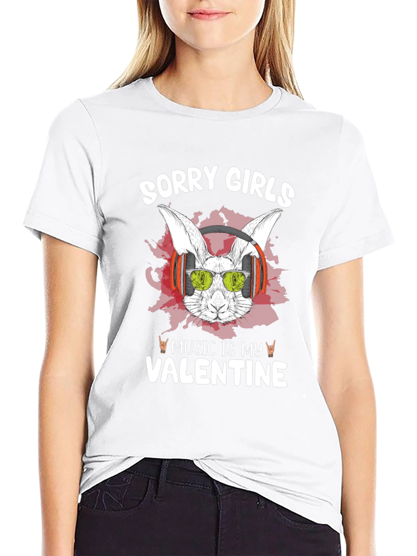 Music Is My Valentine Rabbit Graphic T-Shirt