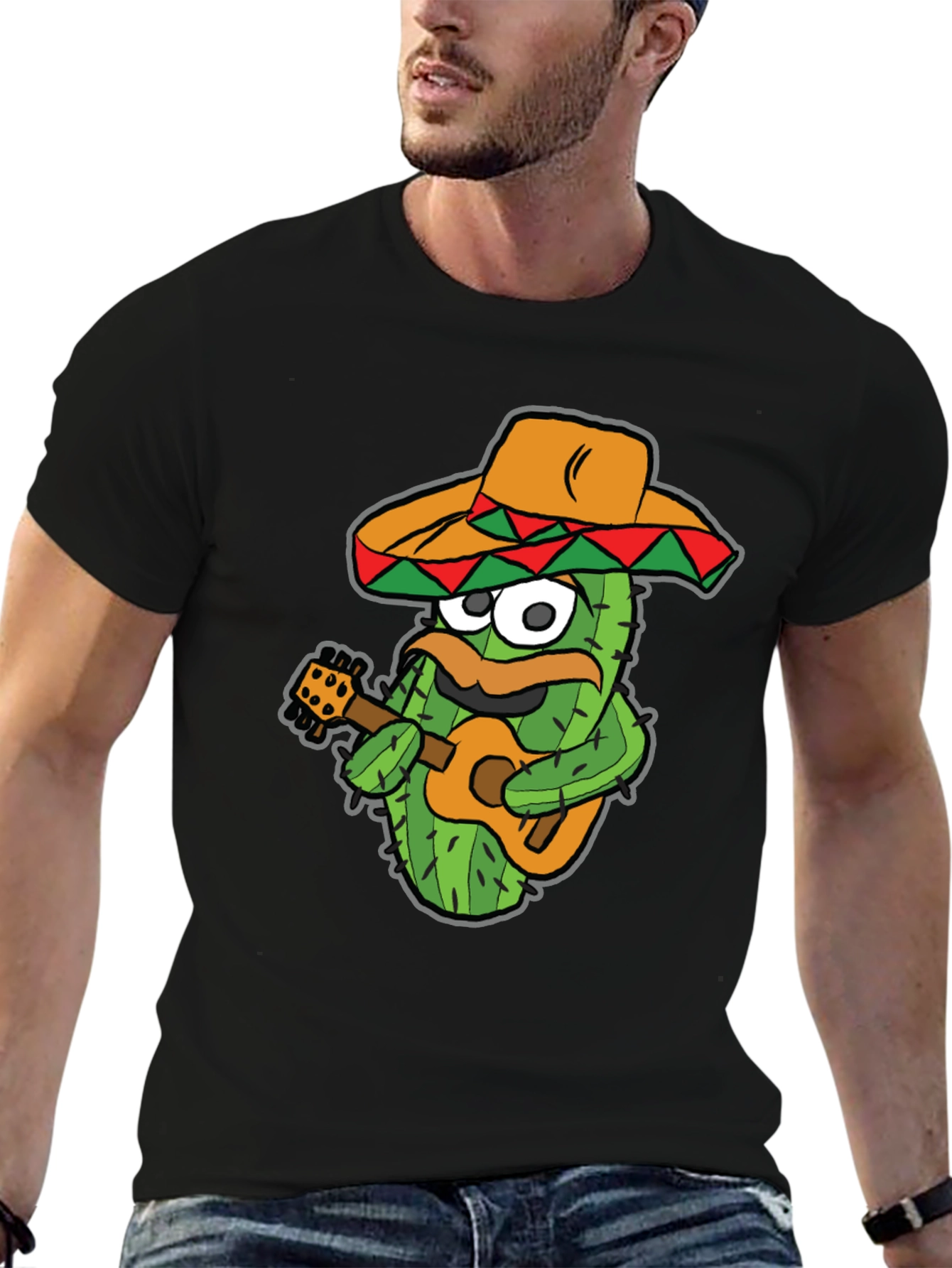 Cactus Guitarist Graphic Tee - Black Cotton T-Shirt