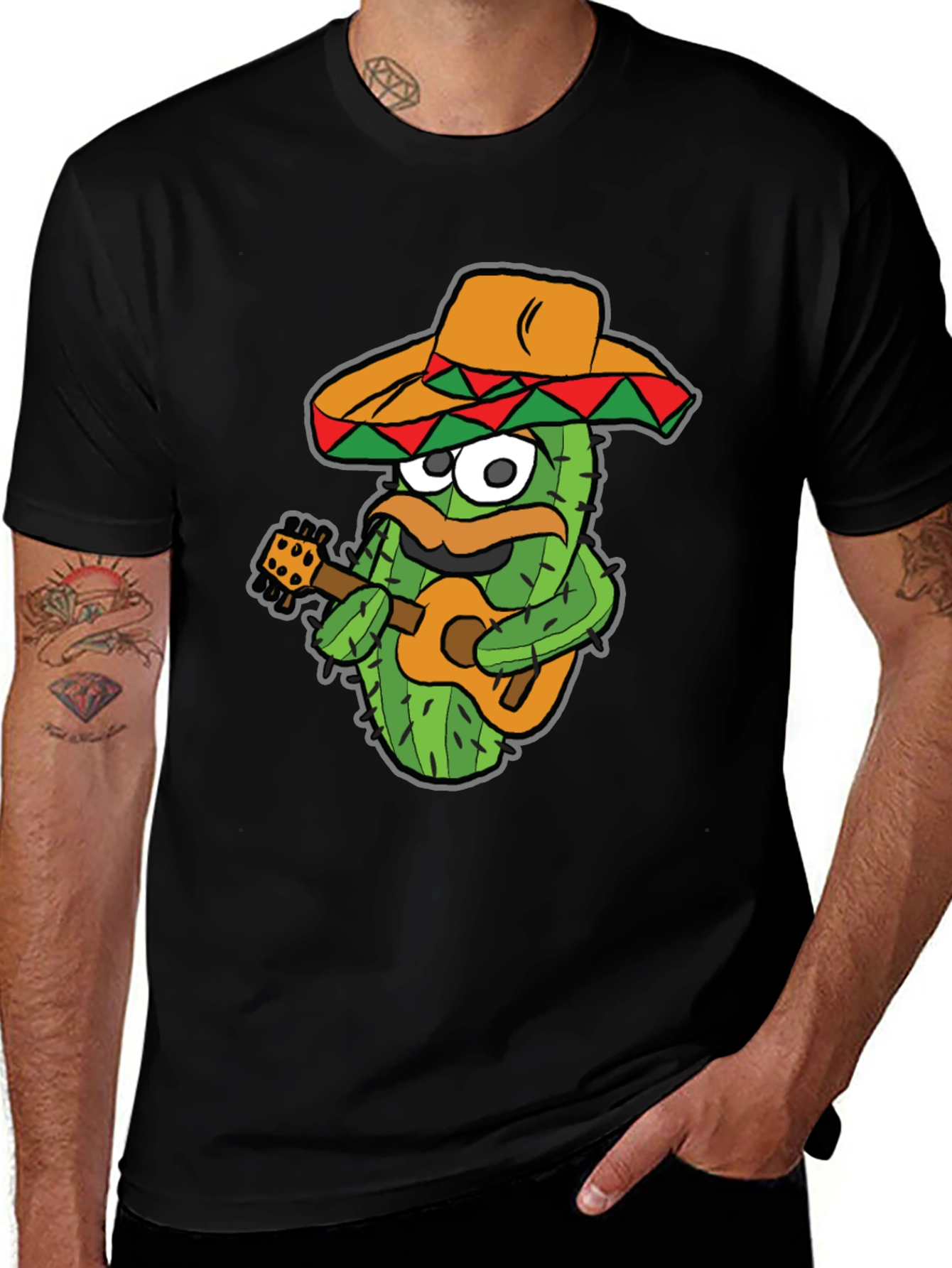Cactus Guitarist Graphic Tee - Black Cotton T-Shirt
