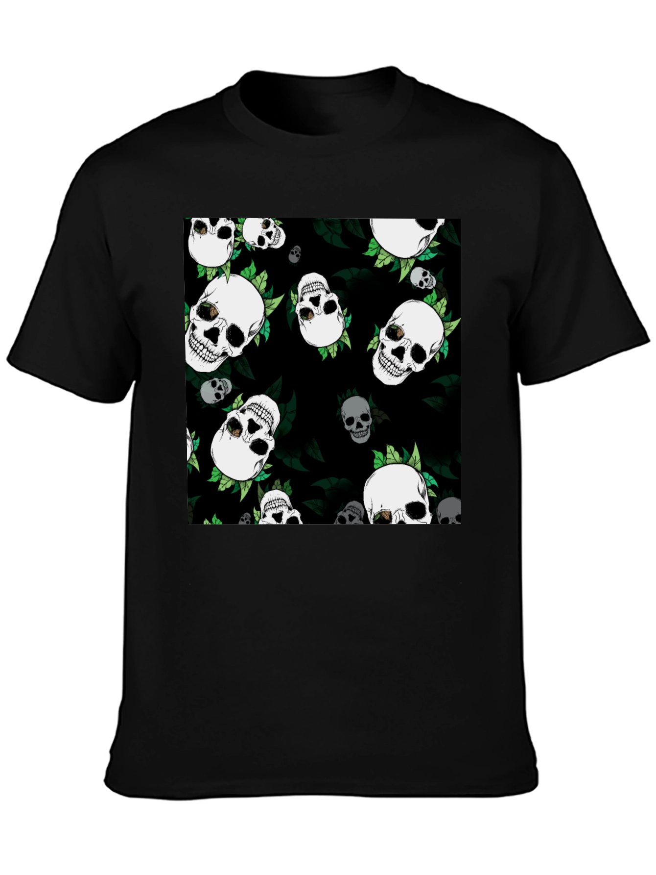 Skull & Leaf Print Black Tee